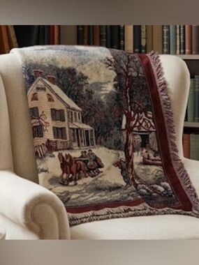 Vintage 90’s Crown Crafts Woven Tapestry Throw Winter Farm Scene